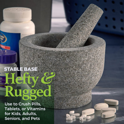 Granite Pill Crusher Set - Easy Grip Non-Slip Stone Muddler & Deep Bowl with Silicone Lid - Mortar and Pestle Grinder for Pills, Tablets, Vitamins and More