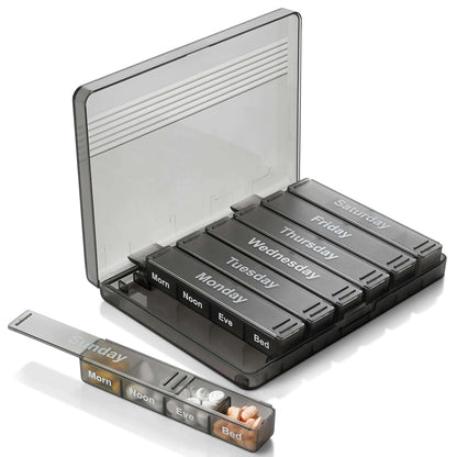 Weekly Pill Organizer - 7-Day Pill Case w/ Removable Daily 4 Times-a-Day Pill Cases - Large AM/PM Medicine Pill Box for 
