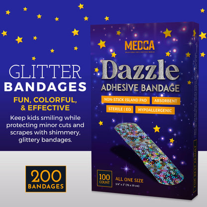 Glitter Bandages for Kids -(200 Count Box) Adhesive Bandage Strips w/Colorful Glitter Design & Latex-Free Individually Wrapped Strips for First Aid, Wound Care, Minor Cuts