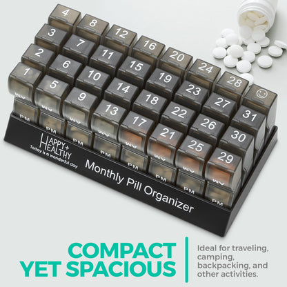 Monthly Pill Organizer - Am/Pm Daily Pill Organizer 32 Compartments for Each Day, Pill Dispenser and Dispenser Caddy That Helps You Organize Your Life, Perfect for Supplements and Medication, Black