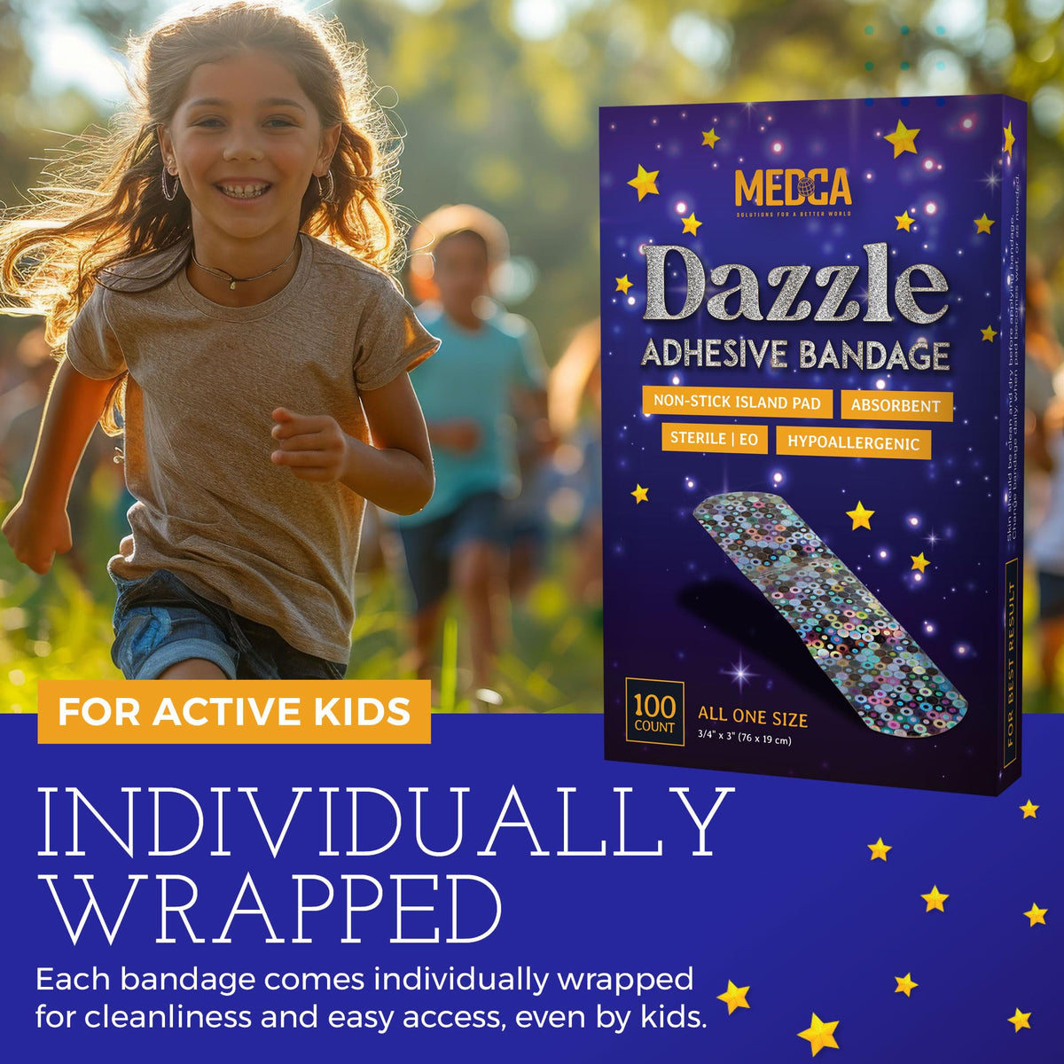 Glitter Bandages for Kids -(100 Count Box) Adhesive Bandage Strips w/ Colorful Glitter Design & Latex-Free Individually Wrapped Strips for First Aid, Wound Care, Minor Cuts, Scrapes