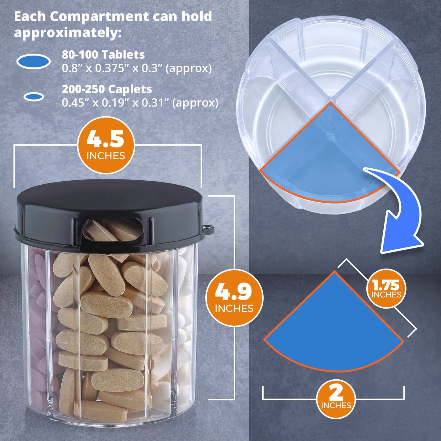 Round Pill Organizer Dispenser - Pack of 2 - Pill Boxes with 4 Compartments for Medication, Vitamins & Supplements Bottle Daily Pill Case Reminder Box, (Black and Clear)