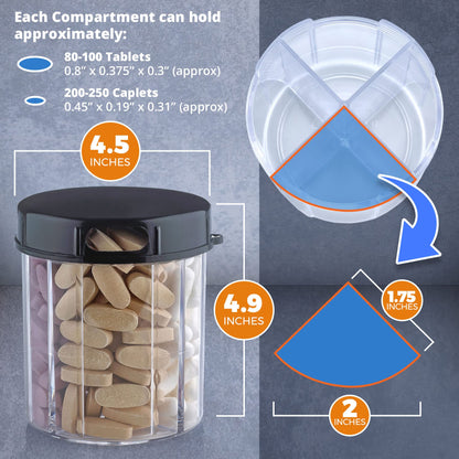 Round Pill Organizer Dispenser - Pack of 2 - Pill Boxes with 4 Compartments for Medication, Vitamins & Supplements Bottle Daily Pill Case Reminder Box, (Black and Clear)