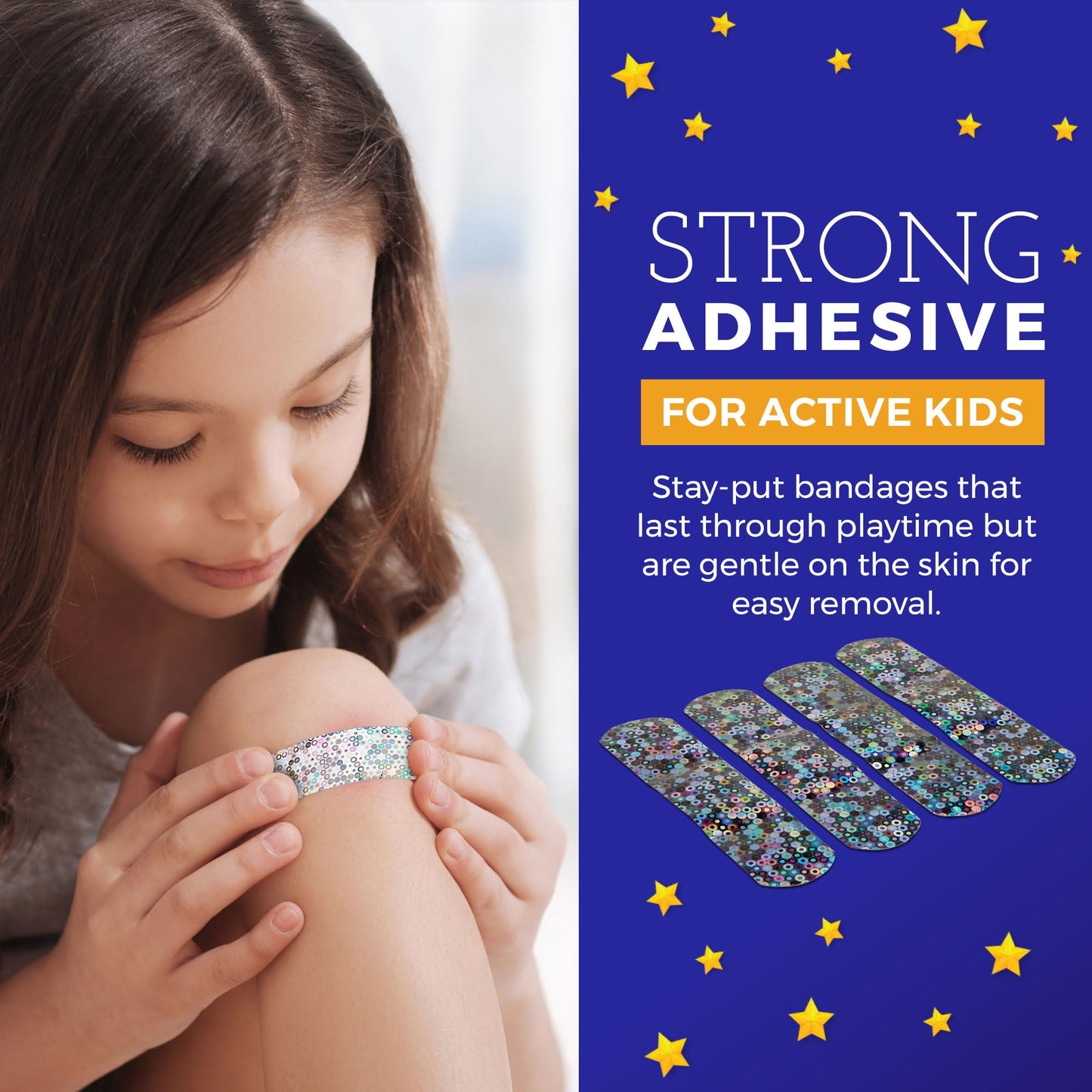 Glitter Bandages for Kids -(100 Count Box) Adhesive Bandage Strips w/ Colorful Glitter Design & Latex-Free Individually Wrapped Strips for First Aid, Wound Care, Minor Cuts, Scrapes