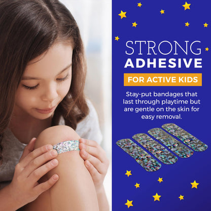 Glitter Bandages for Kids -(100 Count Box) Adhesive Bandage Strips w/ Colorful Glitter Design & Latex-Free Individually Wrapped Strips for First Aid, Wound Care, Minor Cuts, Scrapes