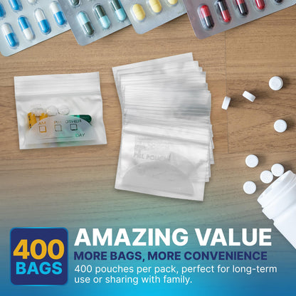 Pill Pouch Bags - (Pack of 400) 3" x 2.75" - BPA-Free, Poly Bag Disposable Zipper Pills Baggies, Daily AM PM Travel Medicine Organizer Storage Pouches, Best Clear Reusable with Write-on Labels