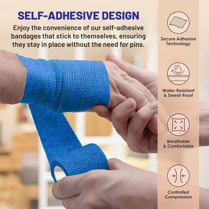 6 Pack, Self Adherent Cohesive Tape - 2” x 5 Yards, Self Adhesive Bandage Rolls & Sports Athletic Wrap for Ankle, Wrist, Knee Sprains and Swelling, Vet Wraps in Blue Color