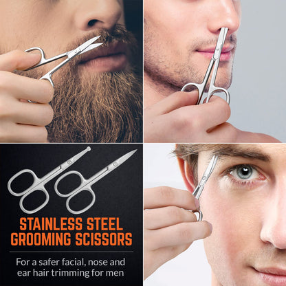 Stainless Steel Grooming Scissors - Eyebrow Scissor, Beard & Mustache Trimming Set, Small Curved & Rounded Tip Facial Hair Trimmer Kit for A Much Safer Ear, Nose Hair Clipper for Men & Travel Case