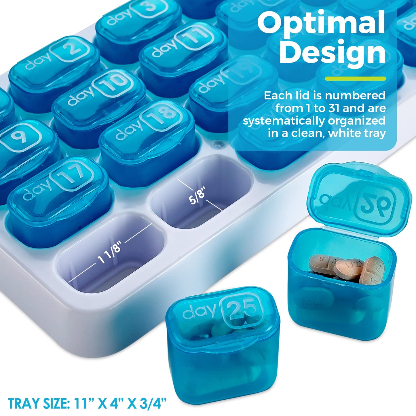 Monthly Pill Organizer - 31 Day Pill Organizer with Large Removable Medication Pods, Portable Pill Case Box and Holder for Daily Medicine and Vitamins, Great for Travel by