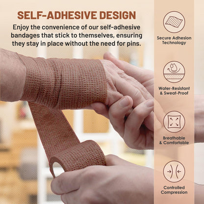 Self Adherent Cohesive Tape - 2" x 5 Yards, 12 Pack (Medium Tan) Self Adhesive Bandage Rolls & Sports Athletic Wrap for Ankle, Wrist, Knee Sprains and Swelling