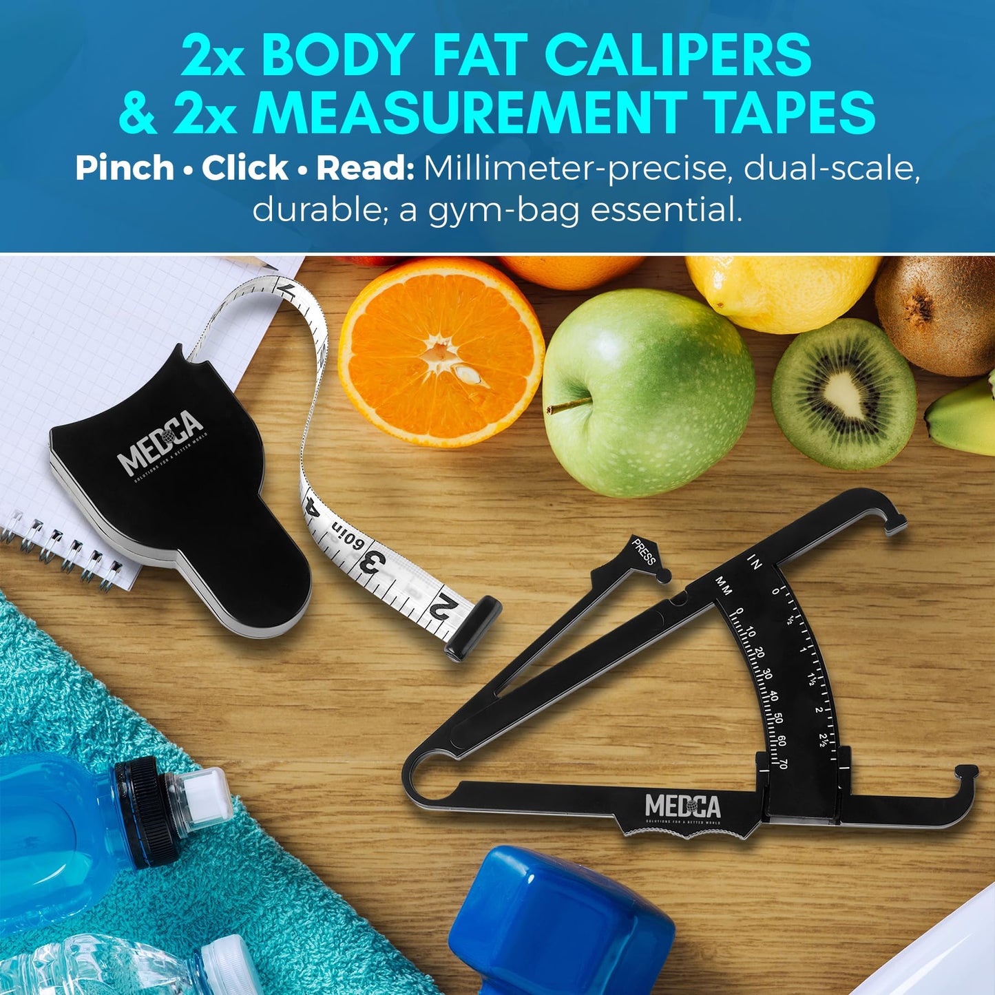 Body Tape Measure and Skinfold Caliper for Body Set - (Pack of 4) - Skin Fold Body Fat Analyzer and BMI Measurement Tool by