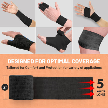 Self-Adherent Cohesive Bandage - Black Medical Wrap - (288 Rolls Bulk) - 2" Wide x 5 Yards Sports Tape for Medical Use, Sports, First Aid and Helps Protect Skin
