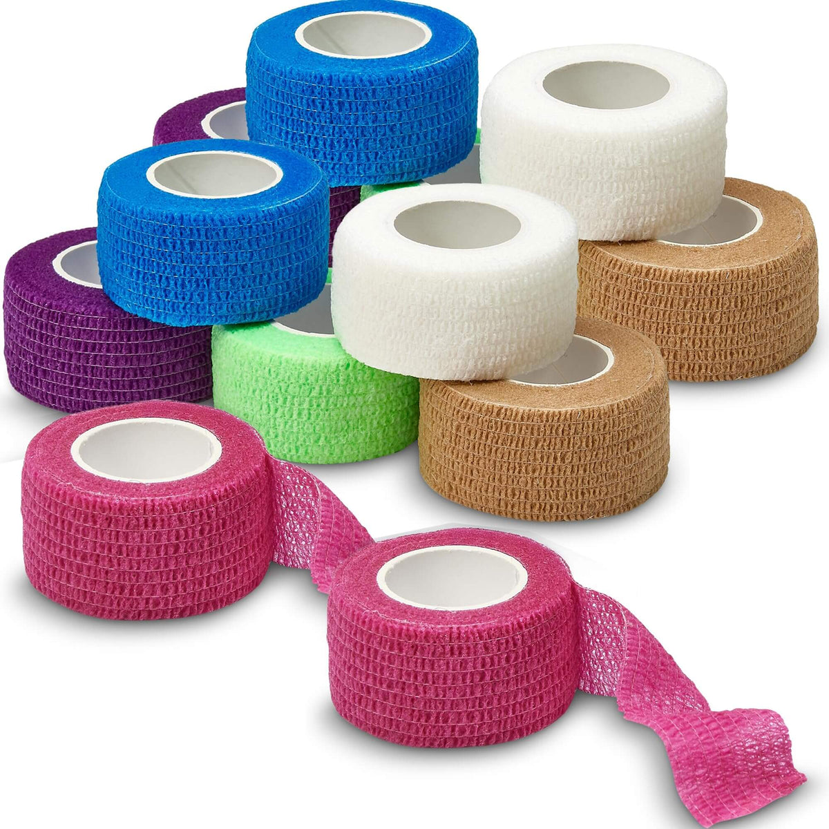 Self Adherent Cohesive Wrap Bandages - (Pack of 12 Rolls) 1 Inch X 5 Yards with Strong Elastic and Colorful First Aid Ta