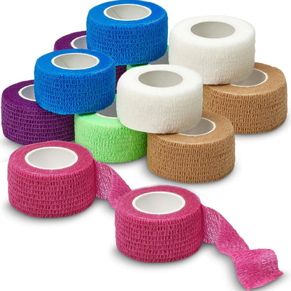 Self Adherent Cohesive Wrap Bandages - (Pack of 12 Rolls) 1 Inch X 5 Yards with Strong Elastic and Colorful First Aid Ta