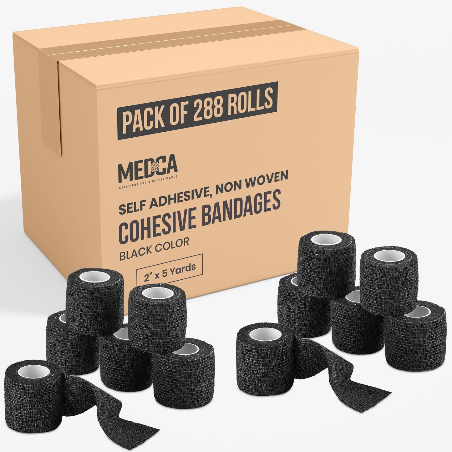 Self-Adherent Cohesive Bandage - Black Medical Wrap - (288 Rolls Bulk) - 2" Wide x 5 Yards Sports Tape for Medical Use, 