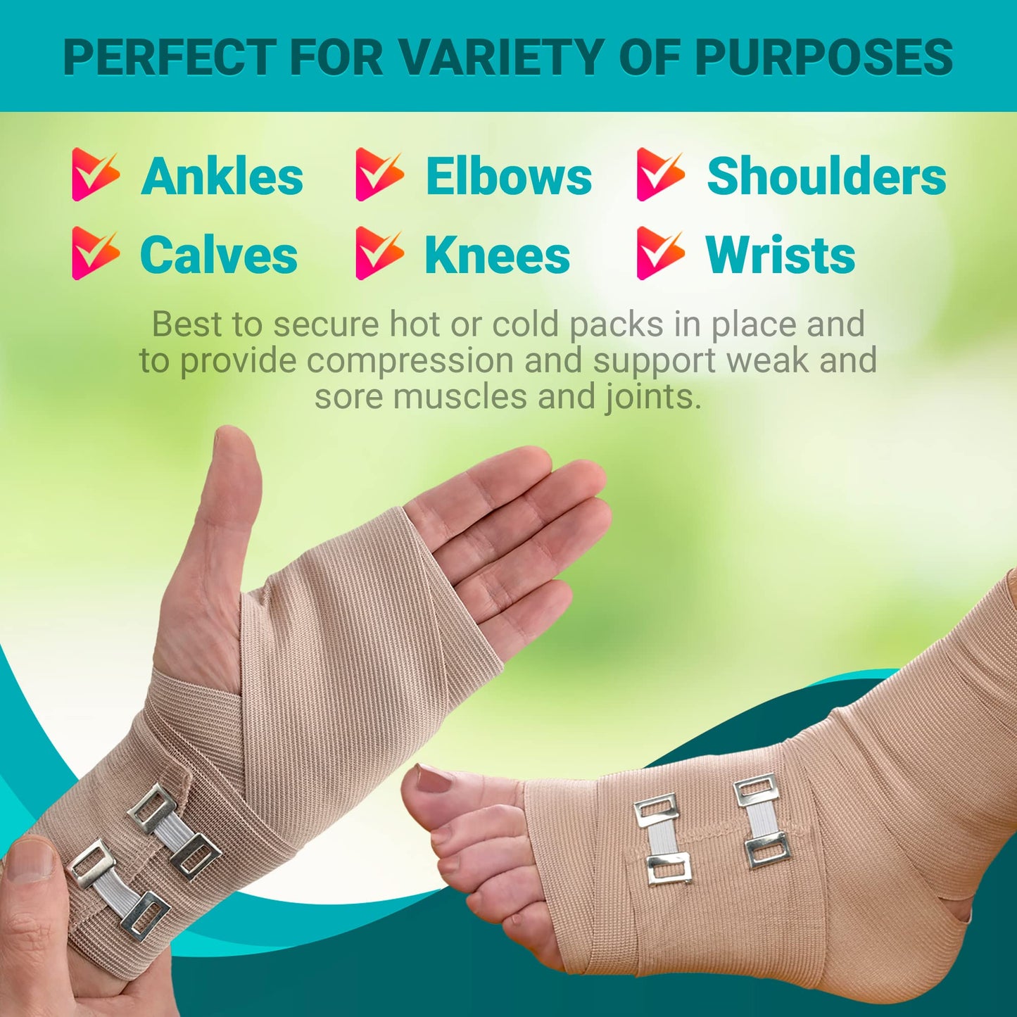 Elastic Compression Bandage Wrap - First Aid Bandages Roll Measures 2", 3", 4", 6" x 5 Ft with 4 Extra Hooks | Athletic Sports Stretch Wraps for Ankle, Wrist, Arm & Leg Sprains (Pack of 4)