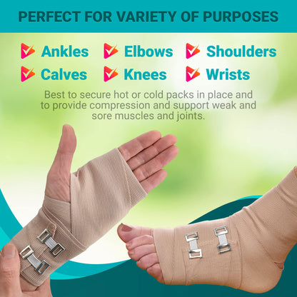 Elastic Compression Bandage Wrap - First Aid Bandages Roll Measures 2", 3", 4", 6" x 5 Ft with 4 Extra Hooks | Athletic Sports Stretch Wraps for Ankle, Wrist, Arm & Leg Sprains (Pack of 4)
