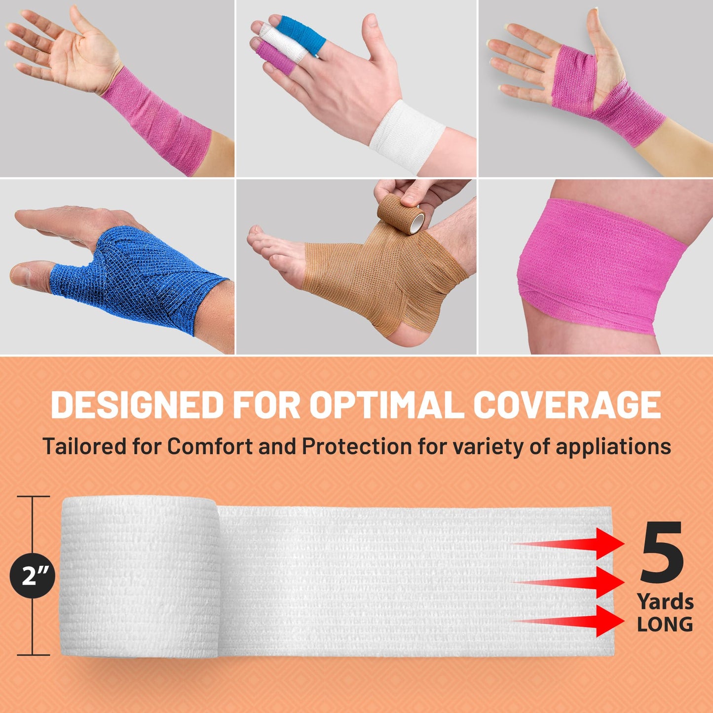 Self Adherent Cohesive Wrap Bandages 2 Inches X 5 Yards 12 Count with Strong Elastic and Colorful First Aid Tape for Sprain Swelling and Sorenes (Rainbow Color)