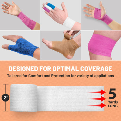 Self Adherent Cohesive Wrap Bandages 2 Inches X 5 Yards 12 Count with Strong Elastic and Colorful First Aid Tape for Sprain Swelling and Sorenes (Rainbow Color)