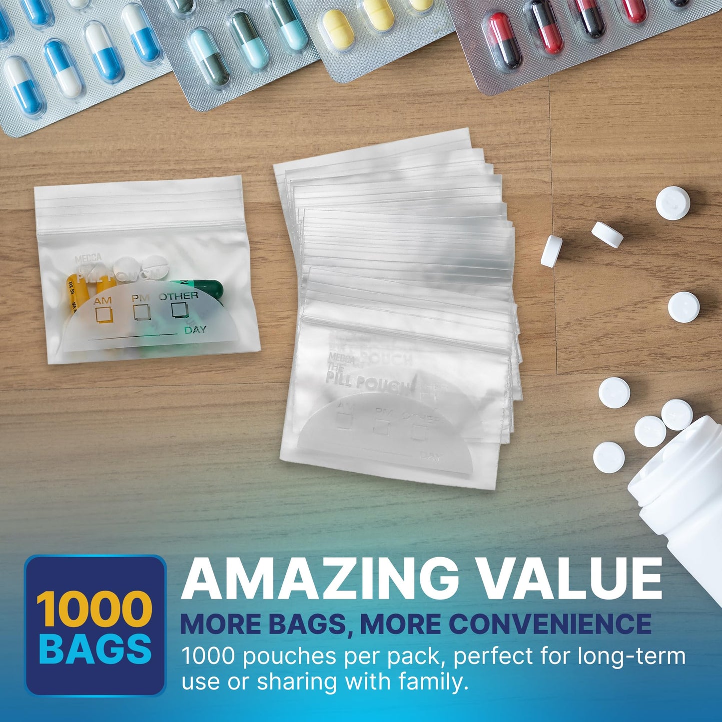 Pill Pouch Bags - (Pack of 1000) 3" x 2.75" - BPA-Free, Poly Bag Disposable Zipper Pills Baggies, Daily AM PM Travel Medicine Organizer Storage Pouches, Clear Reusable with Write-on Labels