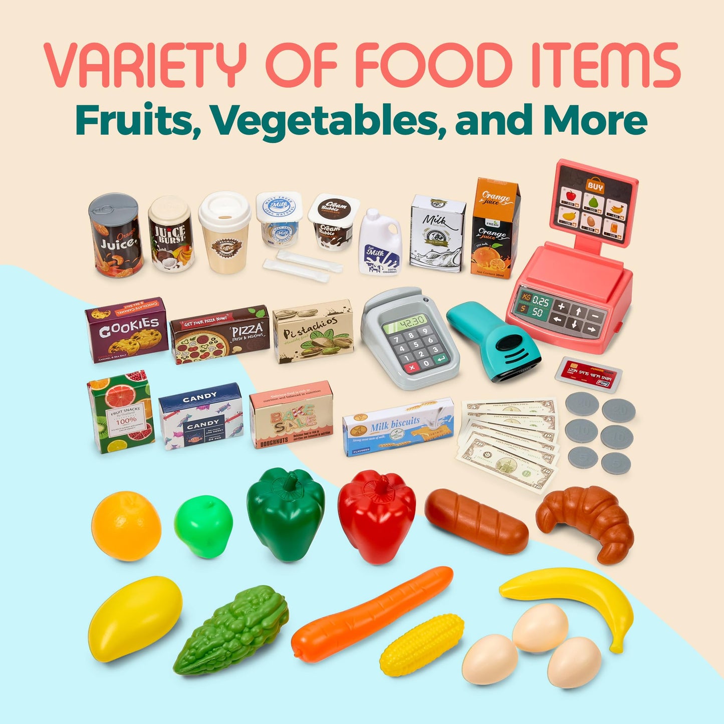 Kids Play Supermarket Set with Scanner - Pretend Play Grocery Shop Set - 47 Piece Complete Playset with Cash Register Credit Card Machine Scanner Shop Trolley and Food Gift for Boys and Girls
