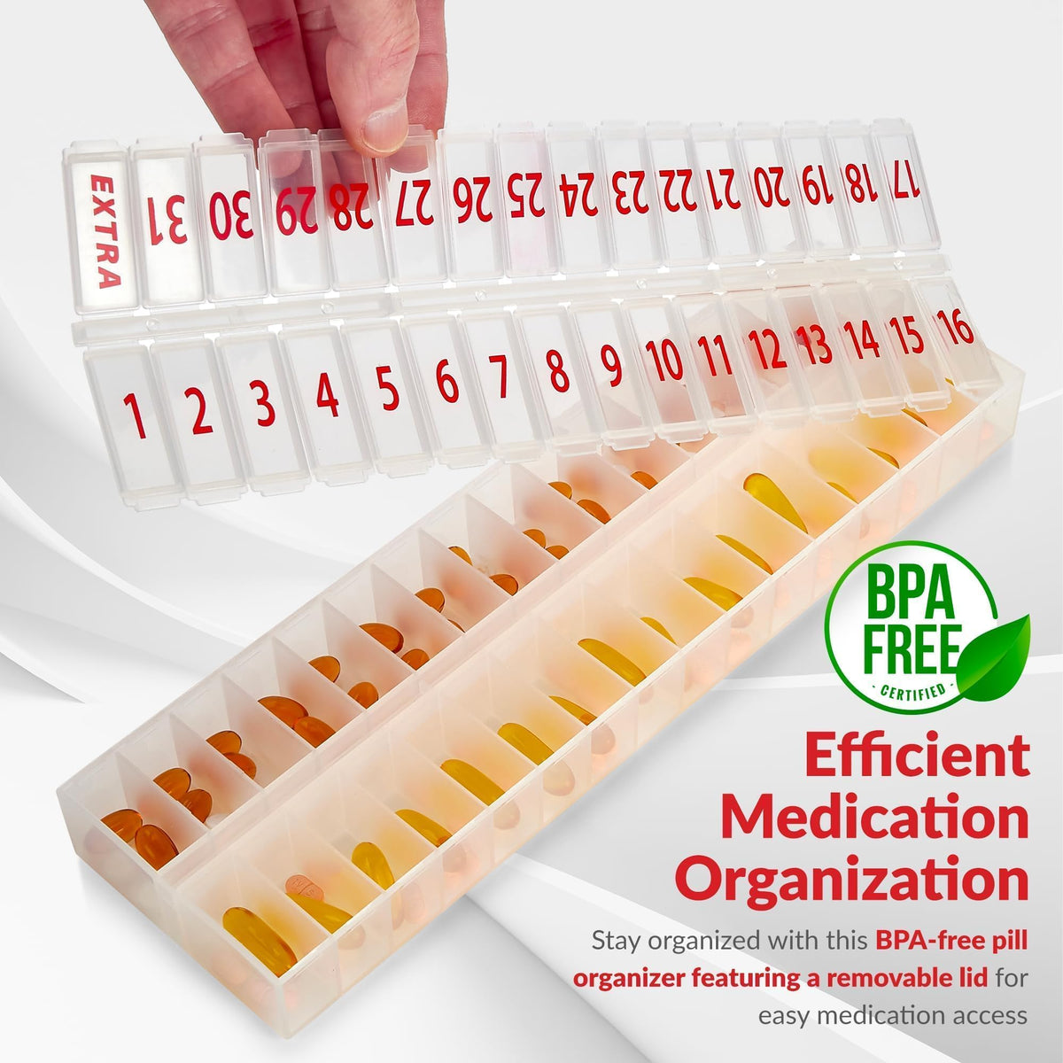 Large Pill Organizer Monthly 32 Compartments - 30 Day Pill Organizer 1 Time A Day, Large Compartment Box for Medications, BPA-Free Plastic, Removable Lid for Easy Loading Medicine, Vitamins, Clear