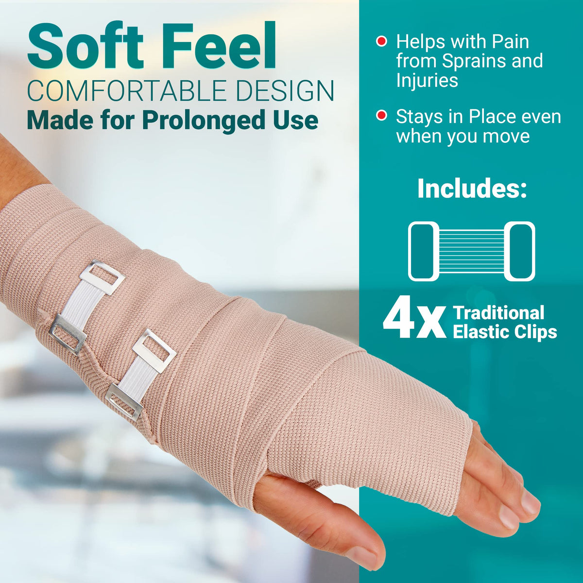 Elastic Compression Bandage Wrap - First Aid Bandages Roll Measures 2", 3", 4", 6" x 5 Ft with 4 Extra Hooks | Athletic Sports Stretch Wraps for Ankle, Wrist, Arm & Leg Sprains (Pack of 4)