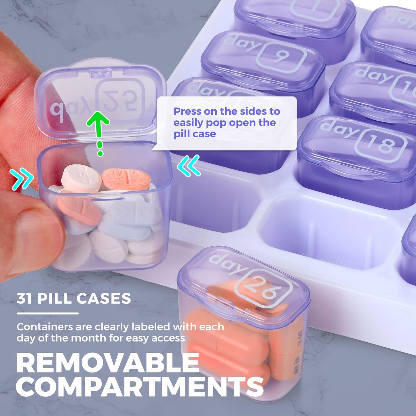 Monthly Pill Organizer - (Pack of 2) 31 Day Pill Organizer with Large Removable Medication Pods, Portable Pill Case Box and Holder for Daily Medicine and Vitamins for Travel, Purple