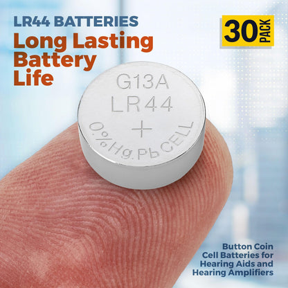 1.5V Alkaline Batteries - LR44 AG13 357 303 Battery - Button Coin Cell for Hearing Aids and Amplifiers, Toys, Remotes, Calculators, Lasers | Long Lasting Power | Anti Corrosion | 30 PCS
