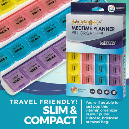 Monthly Pill Organizers - (Pack of 2) 28 Day Monthly Pill Planners to Separate Pills & Vitamins Week to Week, Travel Medication Reminder Daily Monday to Sunday Compartments