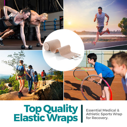 Elastic Compression Bandage Wrap - First Aid Bandages Roll Measures 2", 3", 4", 6" x 5 Ft with 4 Extra Hooks | Athletic Sports Stretch Wraps for Ankle, Wrist, Arm & Leg Sprains (Pack of 4)