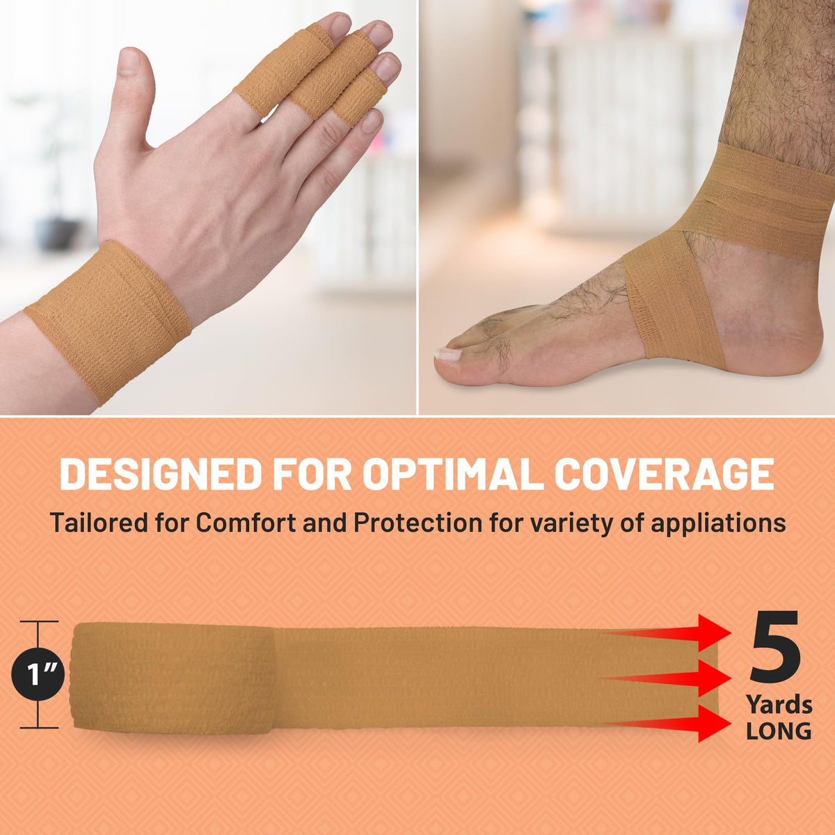 Self Adhesive Bandages - 1" x 5 Yards Per Roll - Pack of 6 Rolls, Elastic Self Adherent Cohesive Wrap First Aid Tape for Sprain Swelling and Soreness on Wrist and Ankle