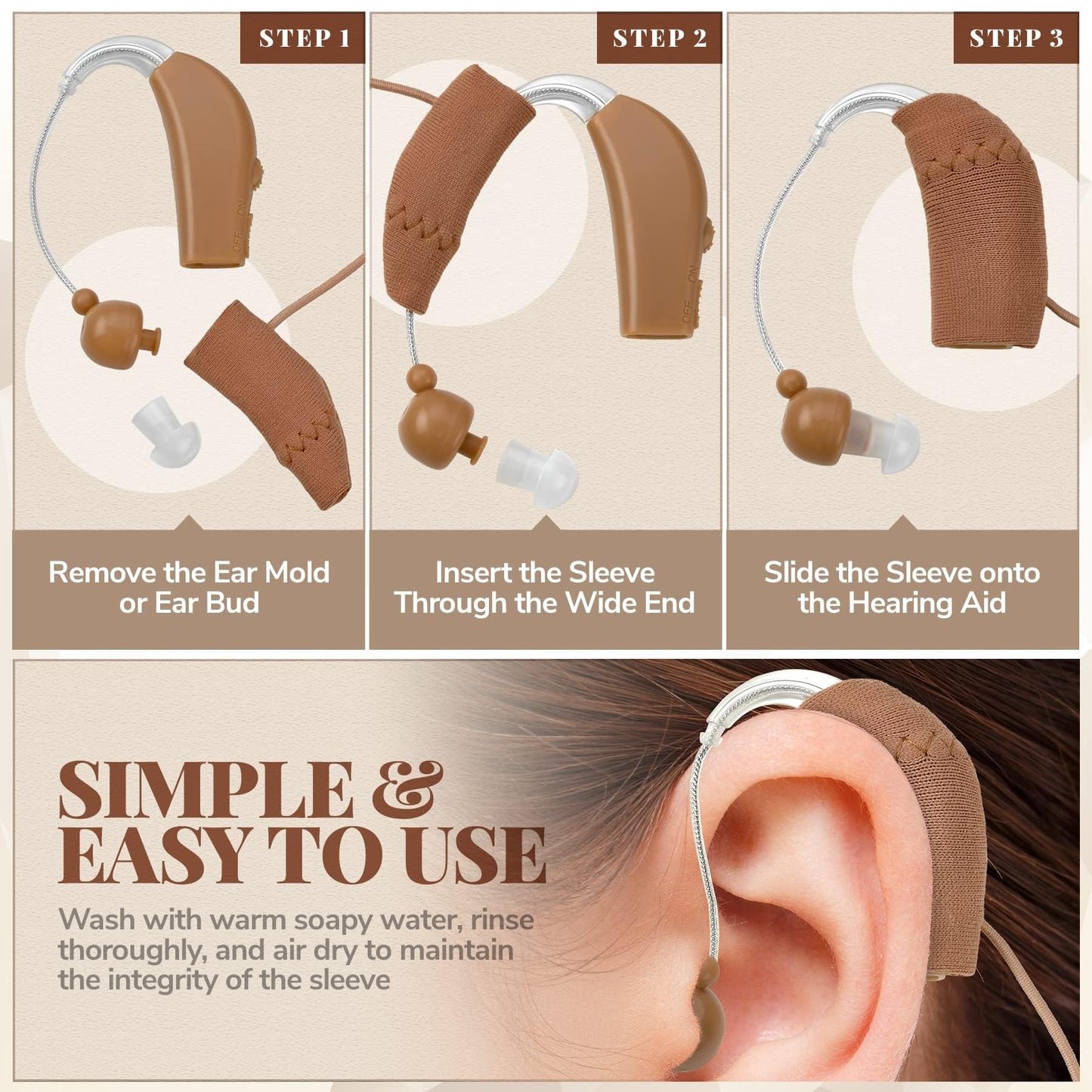 Hearing Aid Protectors and Clip - Corded Fabric Cover with Clasp Protects from Dirt Dust Sweat & Moisture Reduces Wind Noise & Prevents Loss Fits Most (1-Inch, 1.25-Inch, 2-Inch) BTE Devices