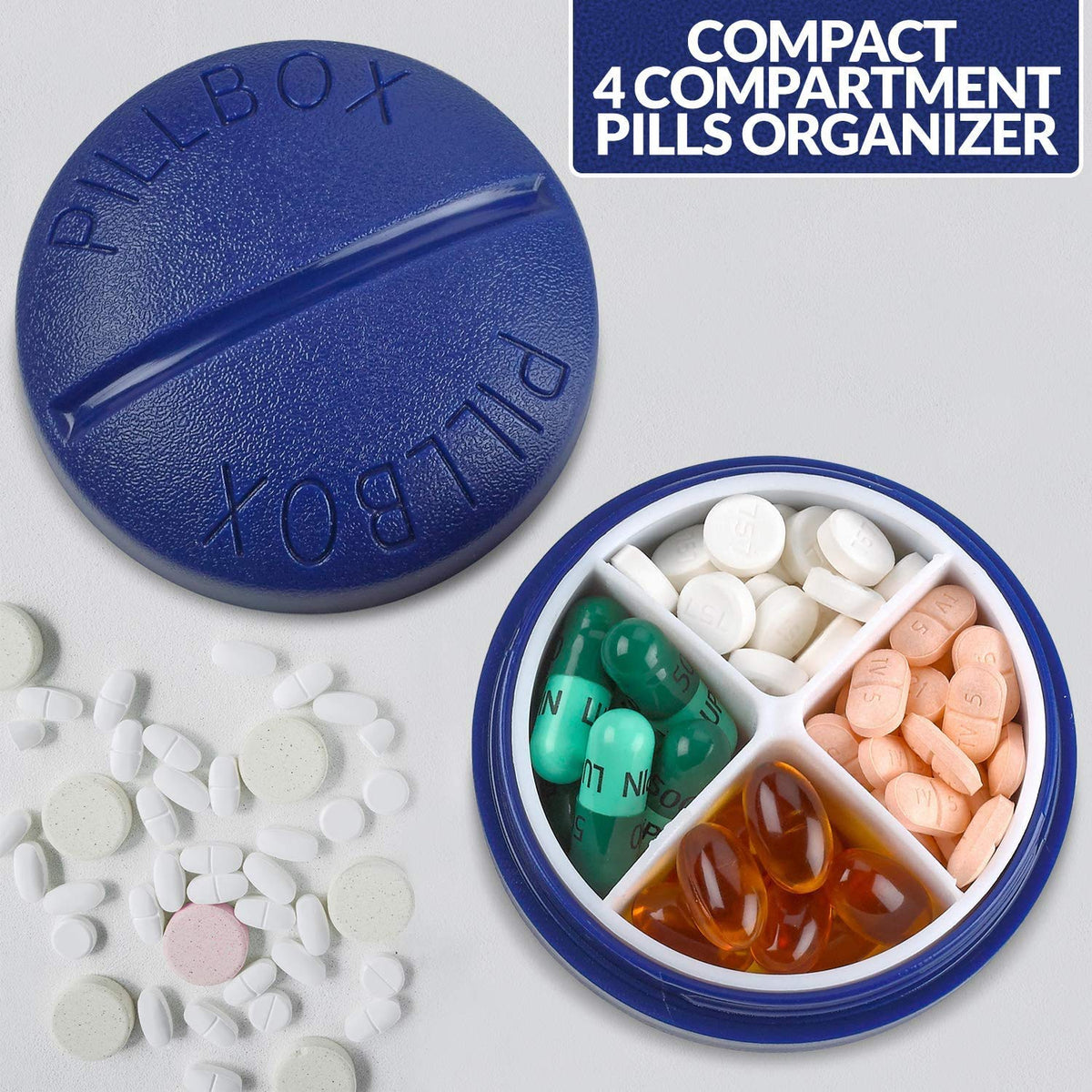 Pill Box Round for Travel - Mini Compact Portable 4 Compartment Pills Case Organizer, Vitamin and Medication Dispenser Holder for Up To 4 Times A Day, BPA Free Pill Reminder by