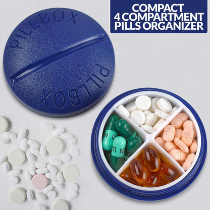 Pill Box Round for Travel - Mini Compact Portable 4 Compartment Pills Case Organizer, Vitamin and Medication Dispenser Holder for Up To 4 Times A Day, BPA Free Pill Reminder by