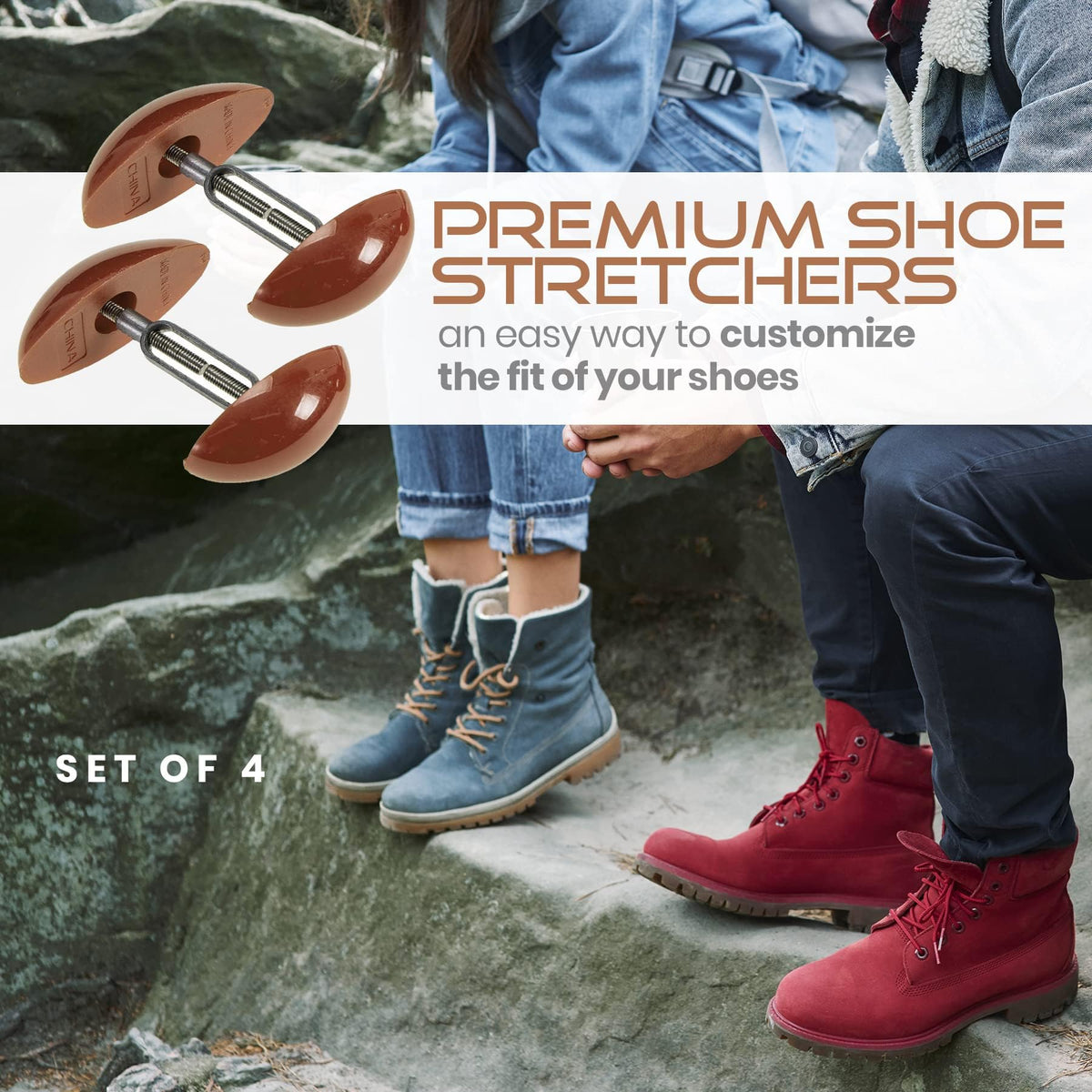 Shoe Stretcher Total of 4 Stretchers, Shape Extenders and Width Extender for Men's & Women's Shoes or Boots, 2 Pairs, Brown