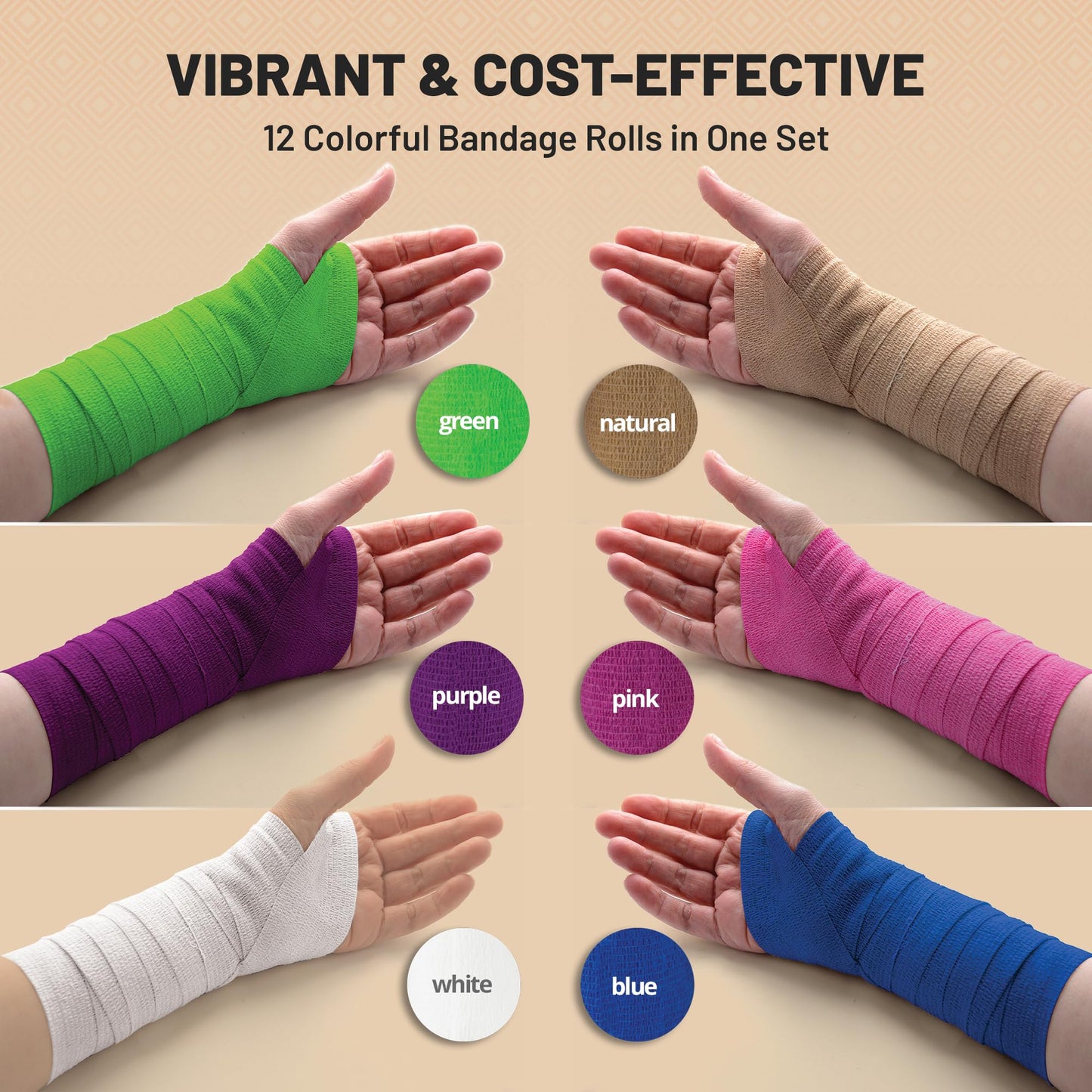 Self Adherent Cohesive Wrap Bandages 2 Inches X 5 Yards 12 Count with Strong Elastic and Colorful First Aid Tape for Sprain Swelling and Sorenes (Rainbow Color)