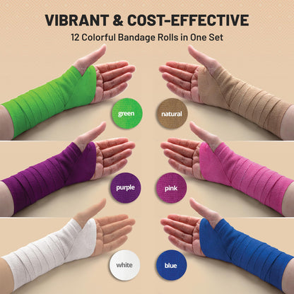 Self Adherent Cohesive Wrap Bandages 2 Inches X 5 Yards 12 Count with Strong Elastic and Colorful First Aid Tape for Sprain Swelling and Sorenes (Rainbow Color)