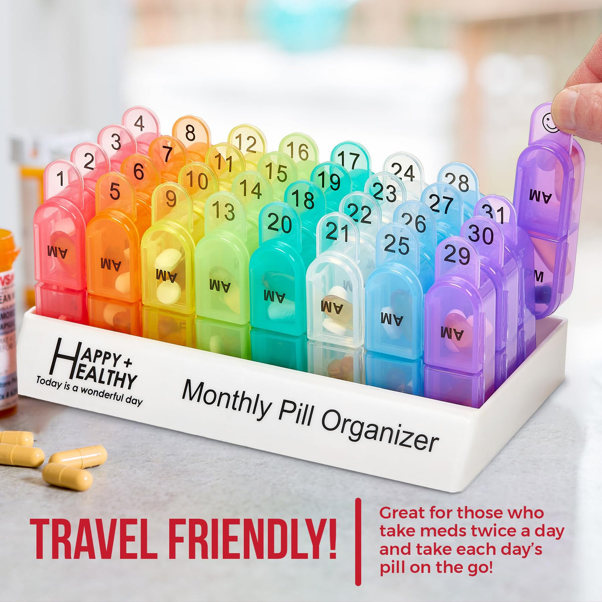 Monthly Pill Organizer 2 Times a Day, 30 Day Pill Box AM PM, Morning and Night One Month Pill Box Organizer with Daily Removable 31 Day Pill Organizers and Organizing Tray
