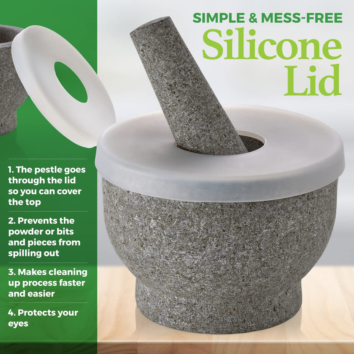 Granite Pill Crusher Set - Easy Grip Non-Slip Stone Muddler & Deep Bowl with Silicone Lid - Mortar and Pestle Grinder for Pills, Tablets, Vitamins and More