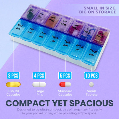 Pill Organizers - Small Pill Organizer with Weekly and Daily 2-Times-A-Day Compartments for AM / PM - BPA-Free, Portable and Travel Friendly Pill Boxes Case