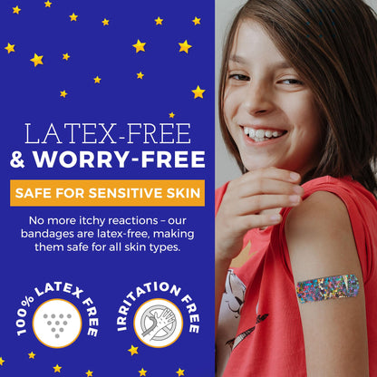 Glitter Bandages for Kids -(100 Count Box) Adhesive Bandage Strips w/ Colorful Glitter Design & Latex-Free Individually Wrapped Strips for First Aid, Wound Care, Minor Cuts, Scrapes