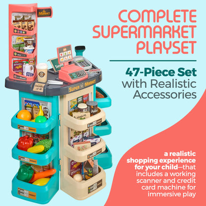 Kids Play Supermarket Set with Scanner - Pretend Play Grocery Shop Set - 47 Piece Complete Playset with Cash Register Credit Card Machine Scanner Shop Trolley and Food Gift for Boys and Girls