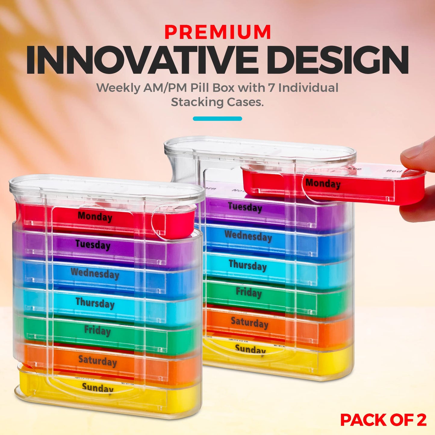 Weekly Pill Organizer, Four Times-a-Day, Pack of 2 Dispensers with Stackable AM/PM Compartments