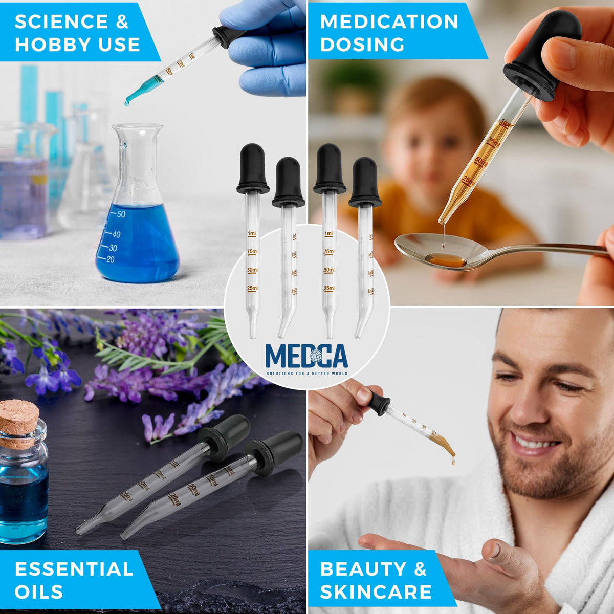 Eye Dropper - (Pack of 4) Bent & Straight Tip Calibrated Glass Medicine Droppers for Essential Oils | Pipette Dropper for Accurate Easy Dose and Measurement (1 mL Capacity)