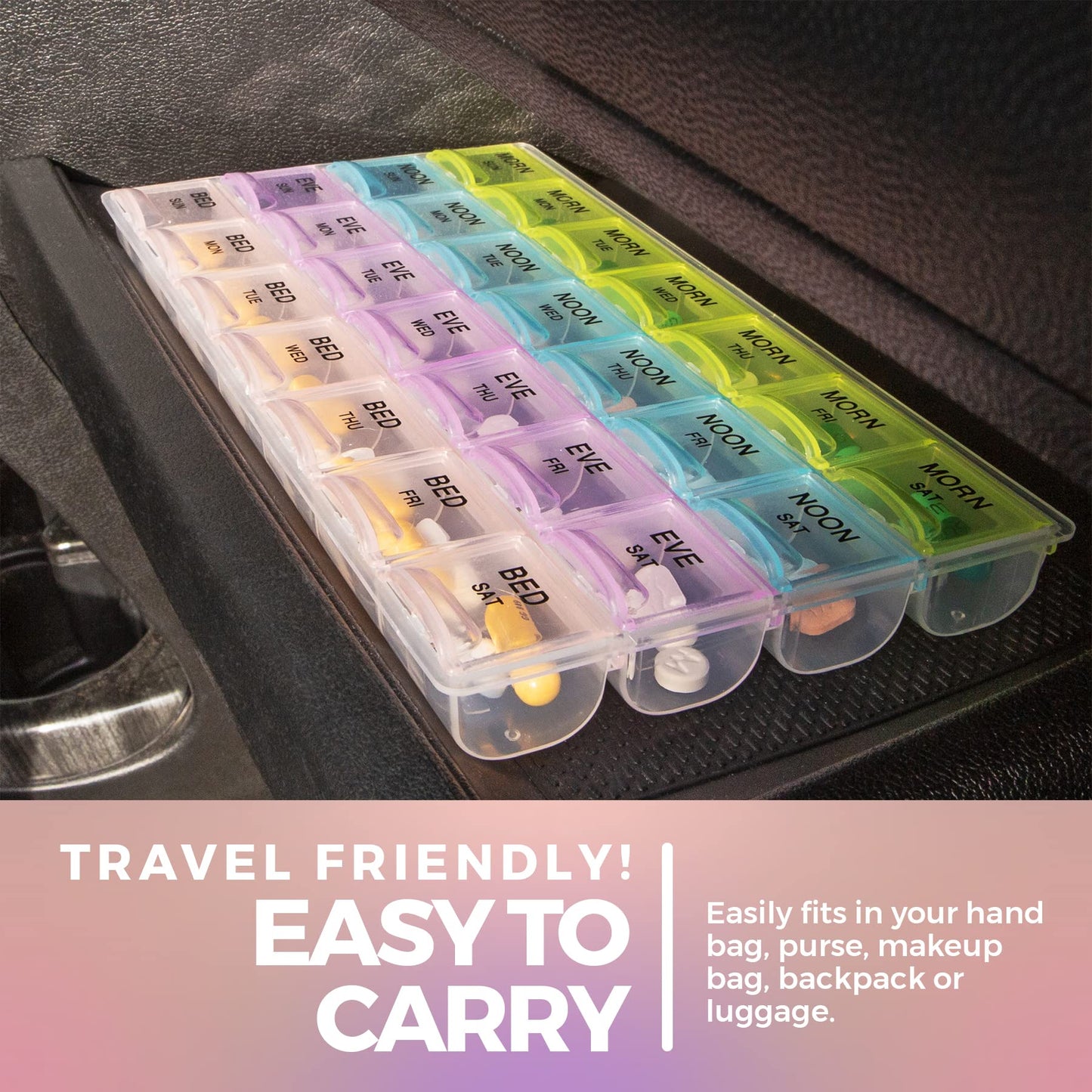 Pill Organizer - Large Pill Organizer with Weekly and Daily 4-Times-A-Day Compartments for Morning, Noon, Evening, Night - BPA-Free, Portable and Travel Friendly Pill Boxes Case