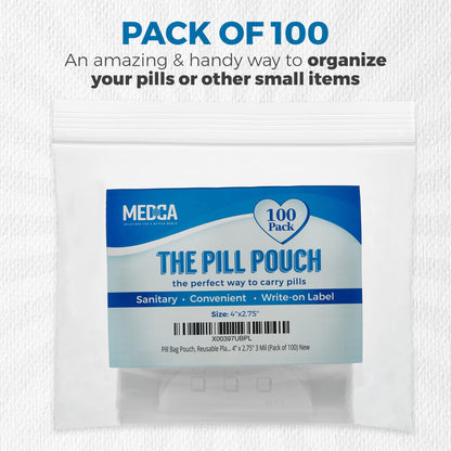 Pill Pouch Bags - (Pack of 100) 4'' x 2.75" - 3 Mil BPA-Free, Poly Bag Disposable Zipper Pills Baggies, Daily AM PM Travel Medicine Organizer Storage Pouches, Best Clear Reusable with Write-on Labels