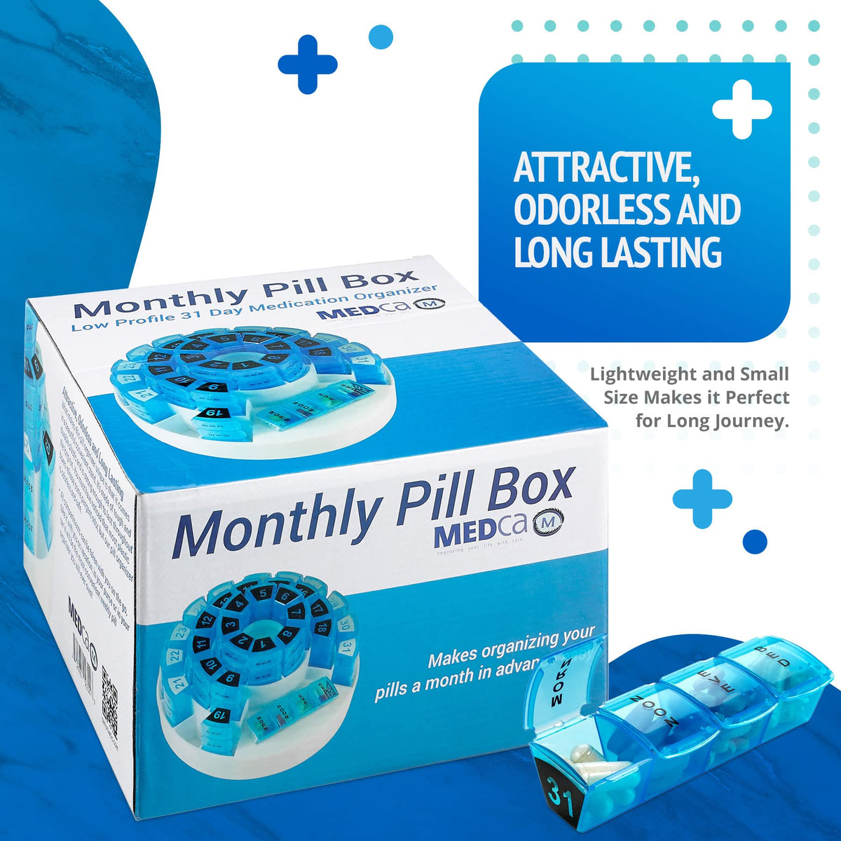 Monthly Pill Box by - Smart Prescription Organization with Multiple Daily Doses Section, Removable Compartments Perfect for Travelling