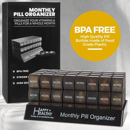 Month Pill Box Organizer - 32 Compartments | Morning-Noon-Night - 30 Day Pill Case with 32 Daily Compartments for Vitamins, Supplements, Medication - Travel Monthly Pill Organizer 3 Times-a-Day, Black