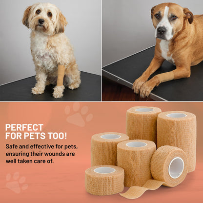 6 Pack, Self Adherent Cohesive Tape - 1” 2" 3" x 5 Yards Combo Pack, (Light Tan Shade) Self Adhesive Bandage Rolls & Sports Athletic Wrap for Ankle, Wrist, Sprains